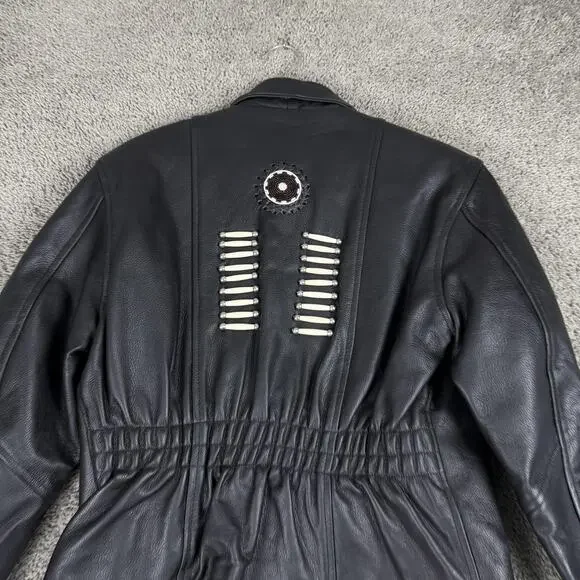 Jim Leather Jacket Womens Large Black Western Bone Bead Biker Motorcycle Zip - Picture 7 of 11
